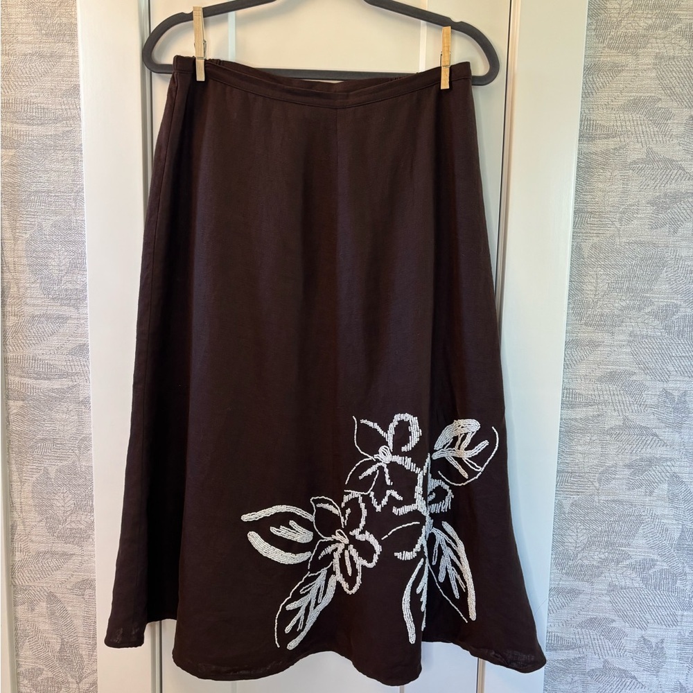 Linen Ramie Chocolate Brown Skirt 12 Beaded Lagenlook Artsy Indie Bohemian